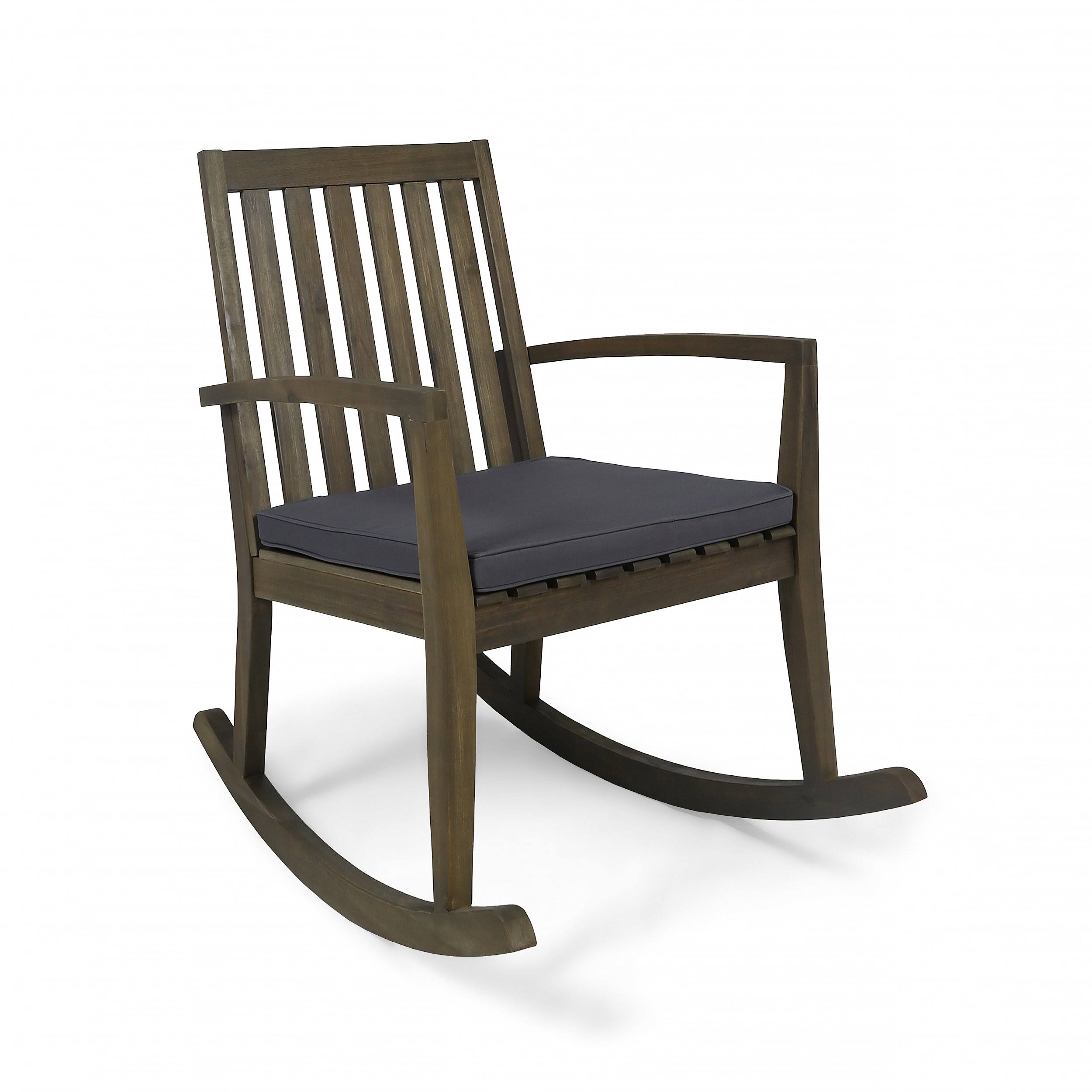 Great Deal Furniture Yvonne Patio Rocking Chair, Acacia Wood Frame, Traditional, Teak Finish with Dark Gray Cushions