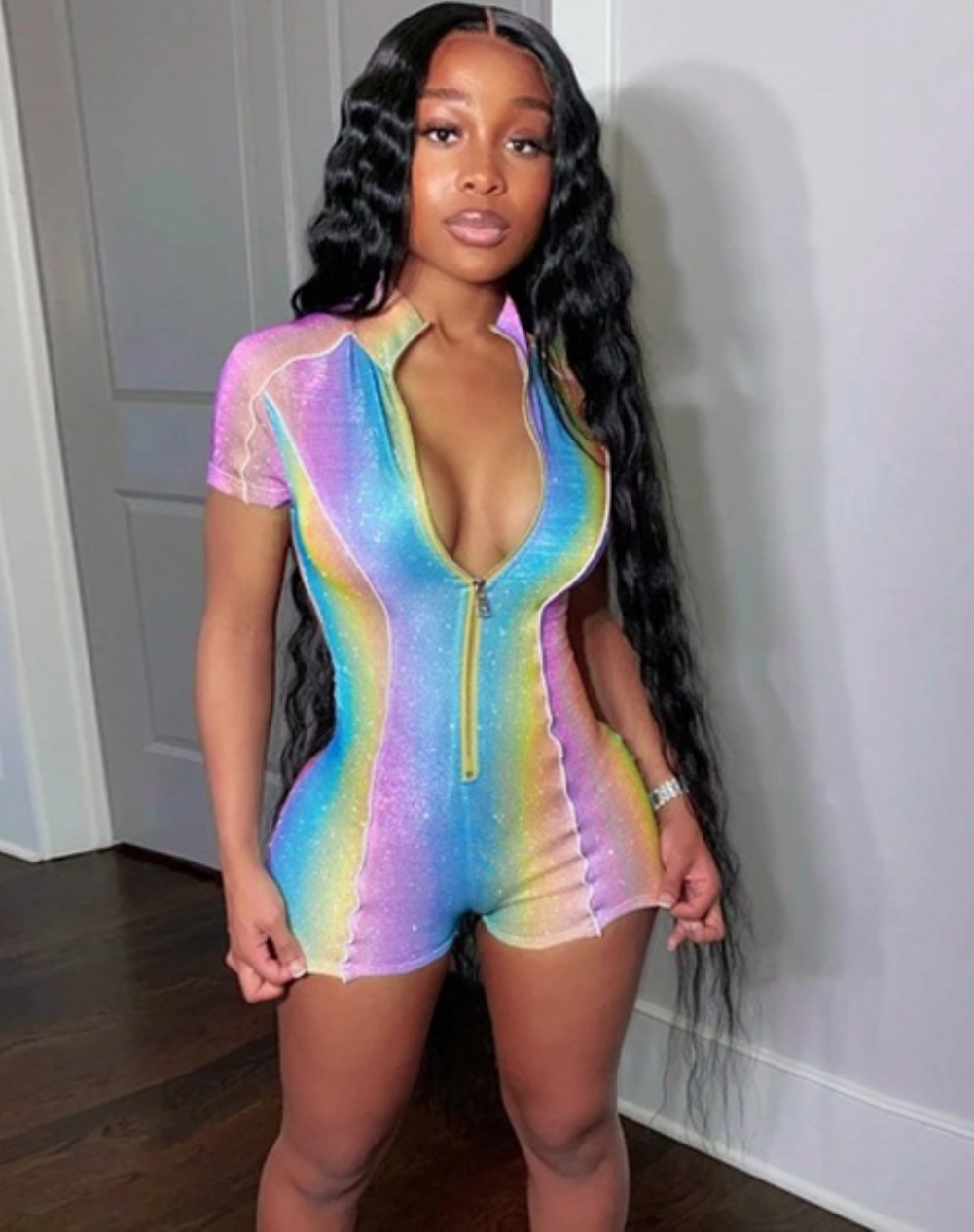 Sexy Rainbow Zipper Bodycon Rompers