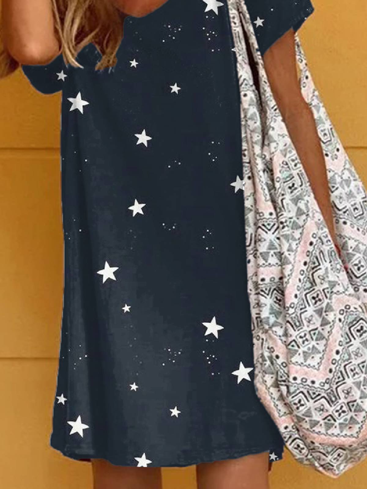 Deep Blue Casual Floral-Print V Neck Short Sleeve Dresses