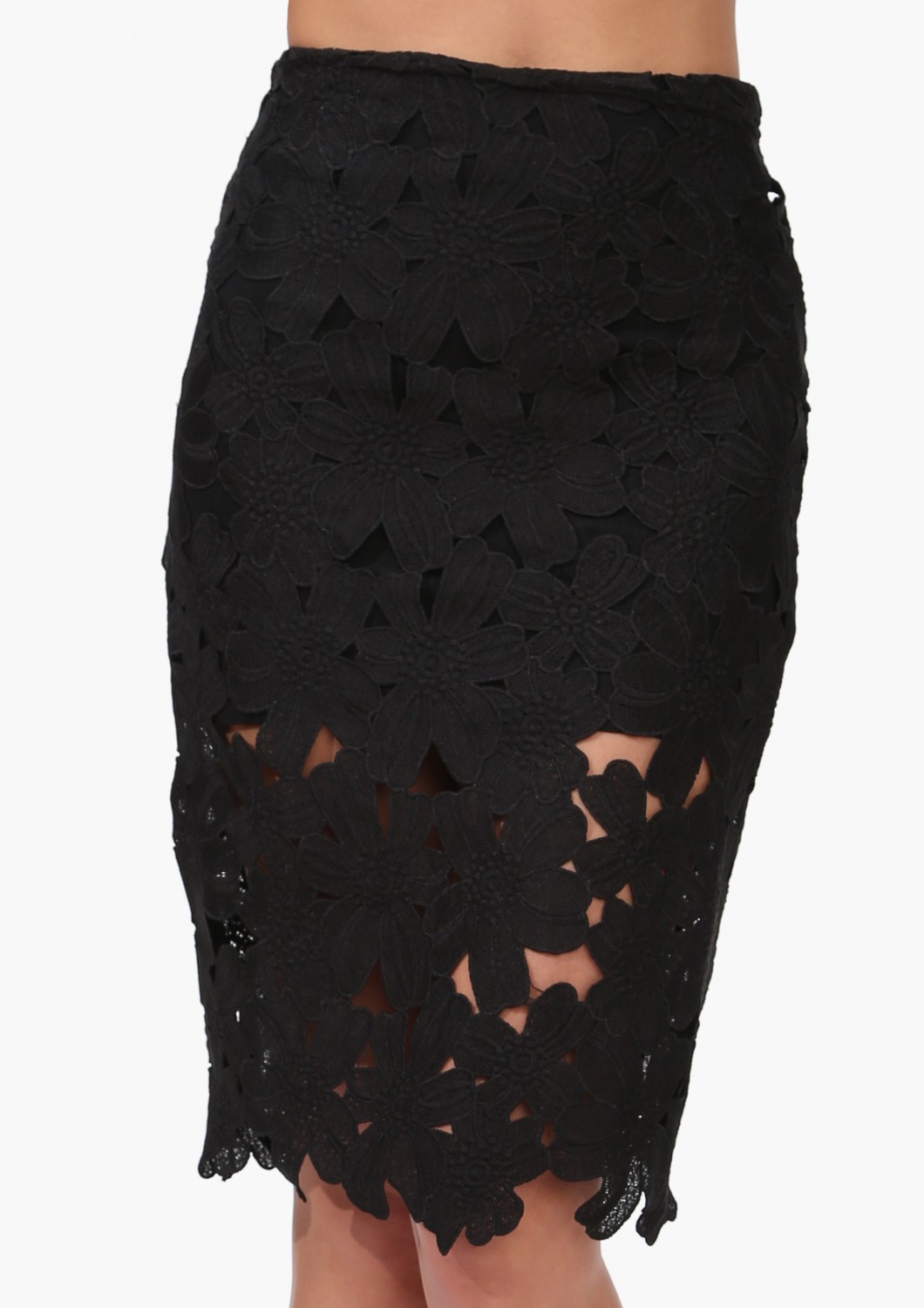 Black Hook Flower Crochet Pencil Skirt