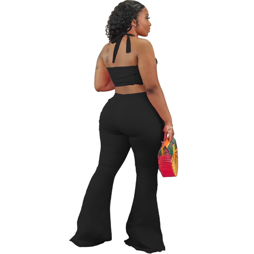 Sexy Plain Halter Crop Top and Flare Pants Set