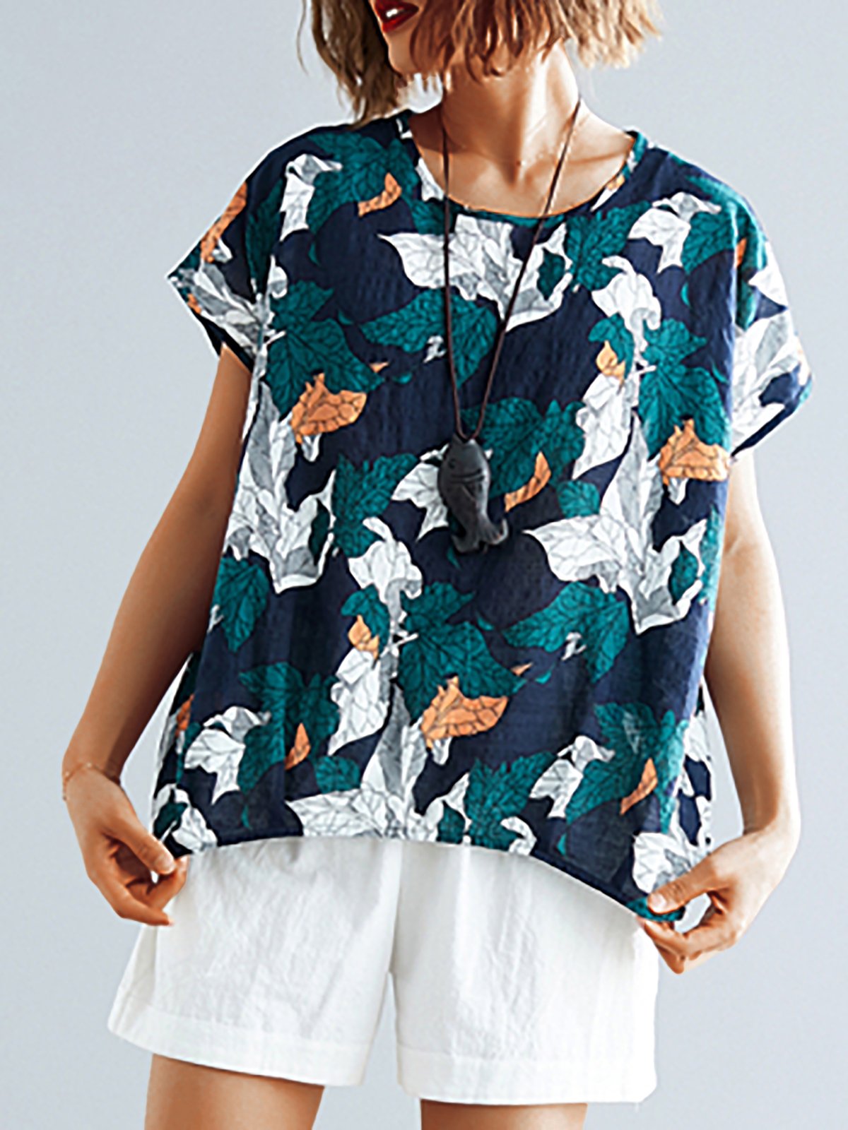 Plus Size Women Short Sleeve  Round Neck Floral  Loose Casual  Tops