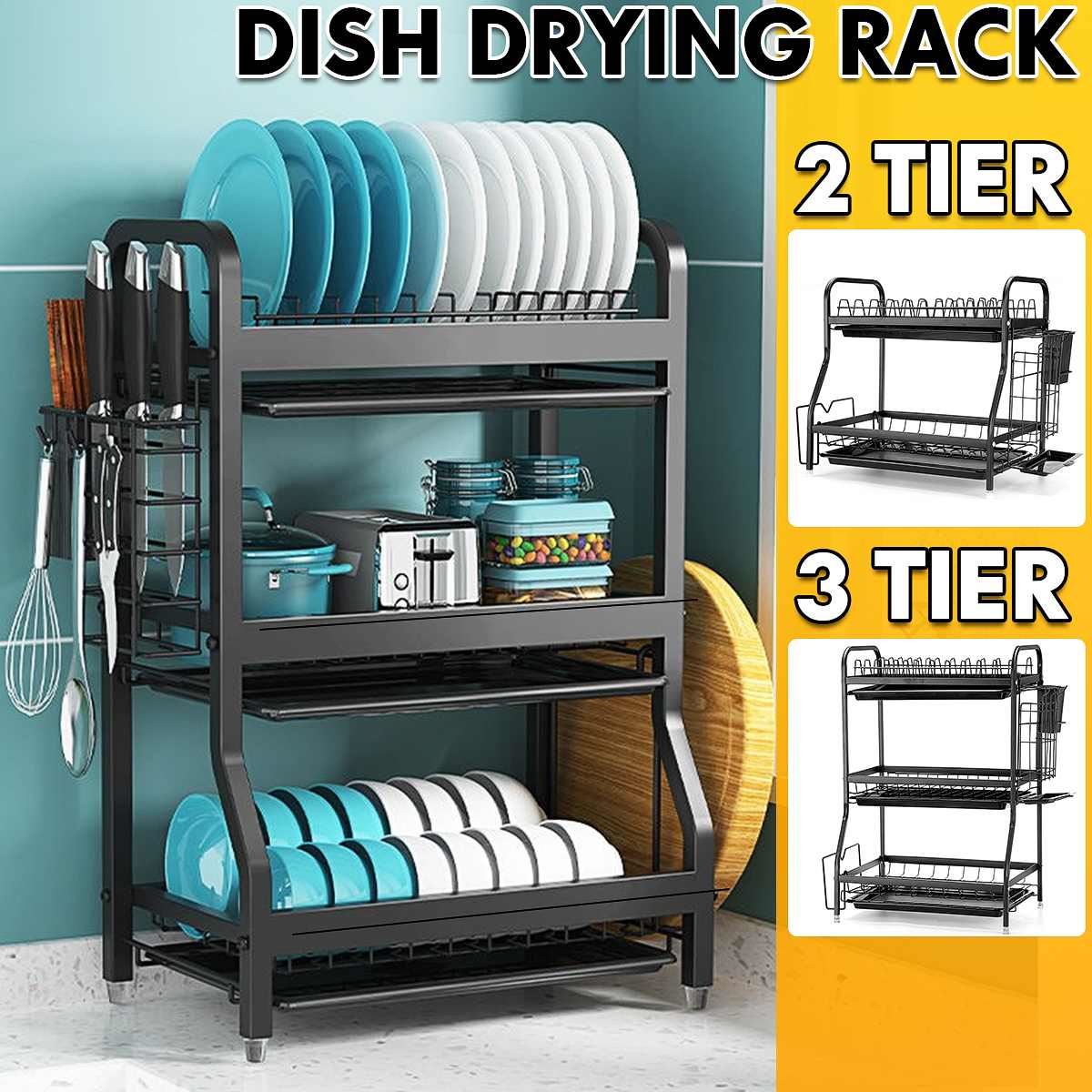 2/3 Tier Dish Drying Rack Stainless Steel Kitchen Storage Shelf Holder Drainer Sink Organizer