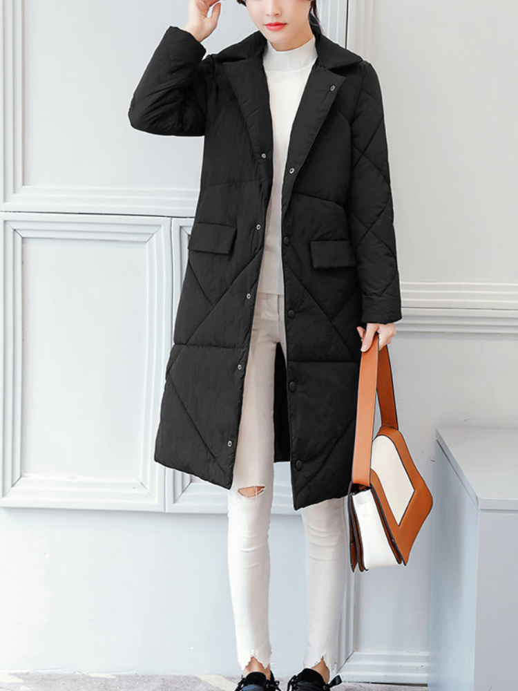 Women Appliqued Solid Stand-Up Neck Long Sleeve Cotton Coats