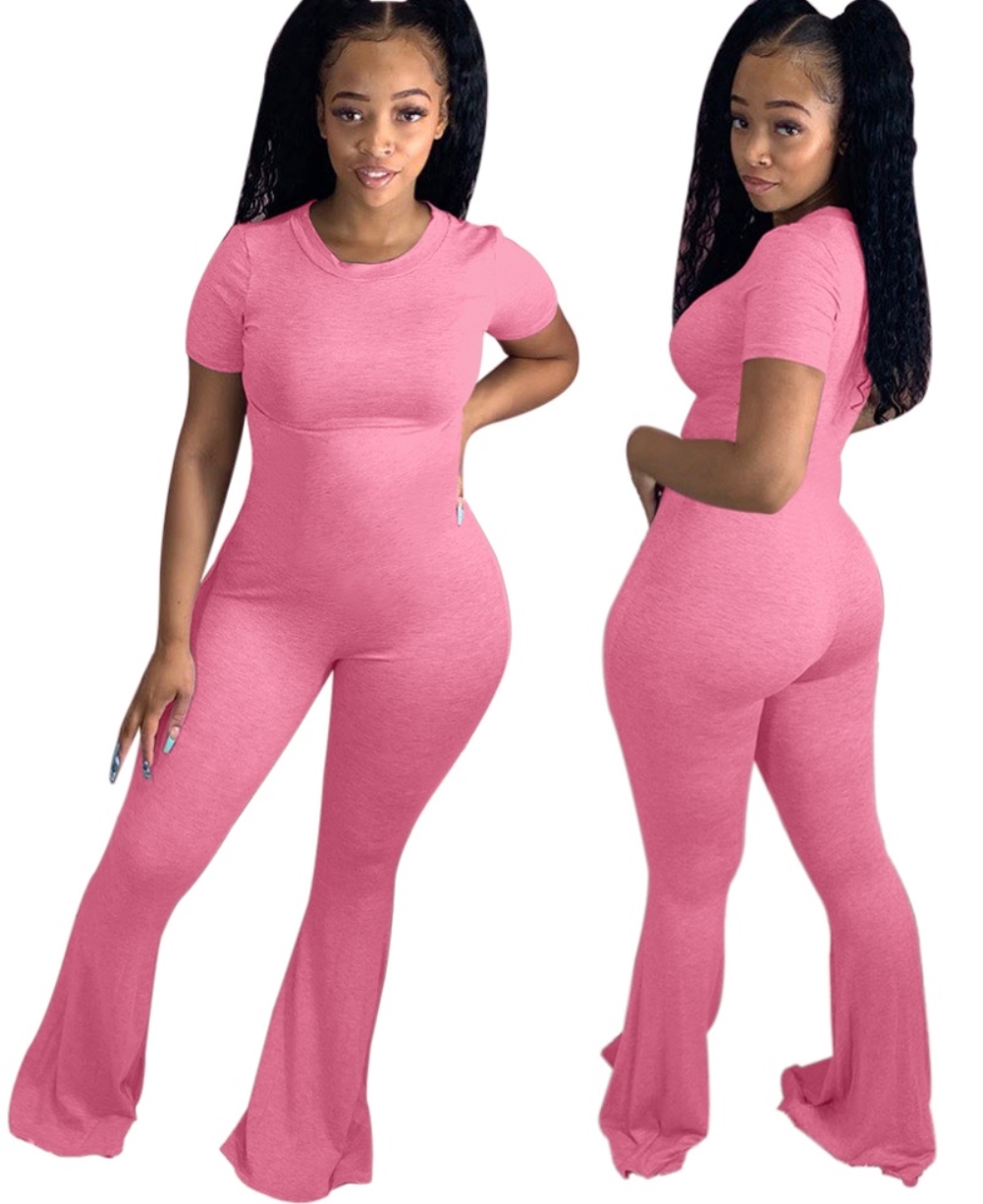 Solid Color Bell Bottom Jumpsuit with Short Sleeves