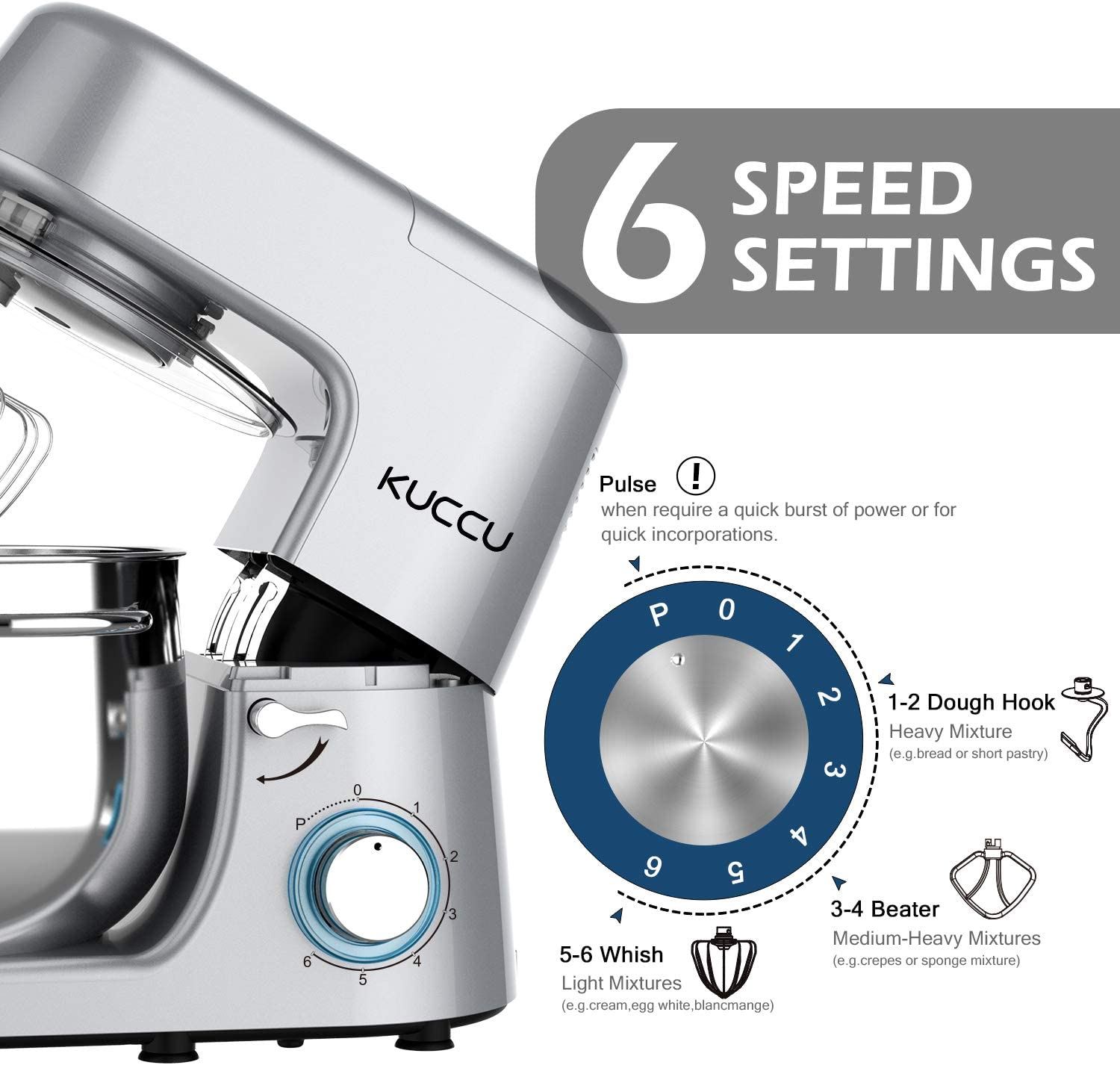 Kuccu Stand Mixer, 8.5 Qt 660W, 6-Speed Tilt-Head Food Dough Mixer,8.5-QT / Silver