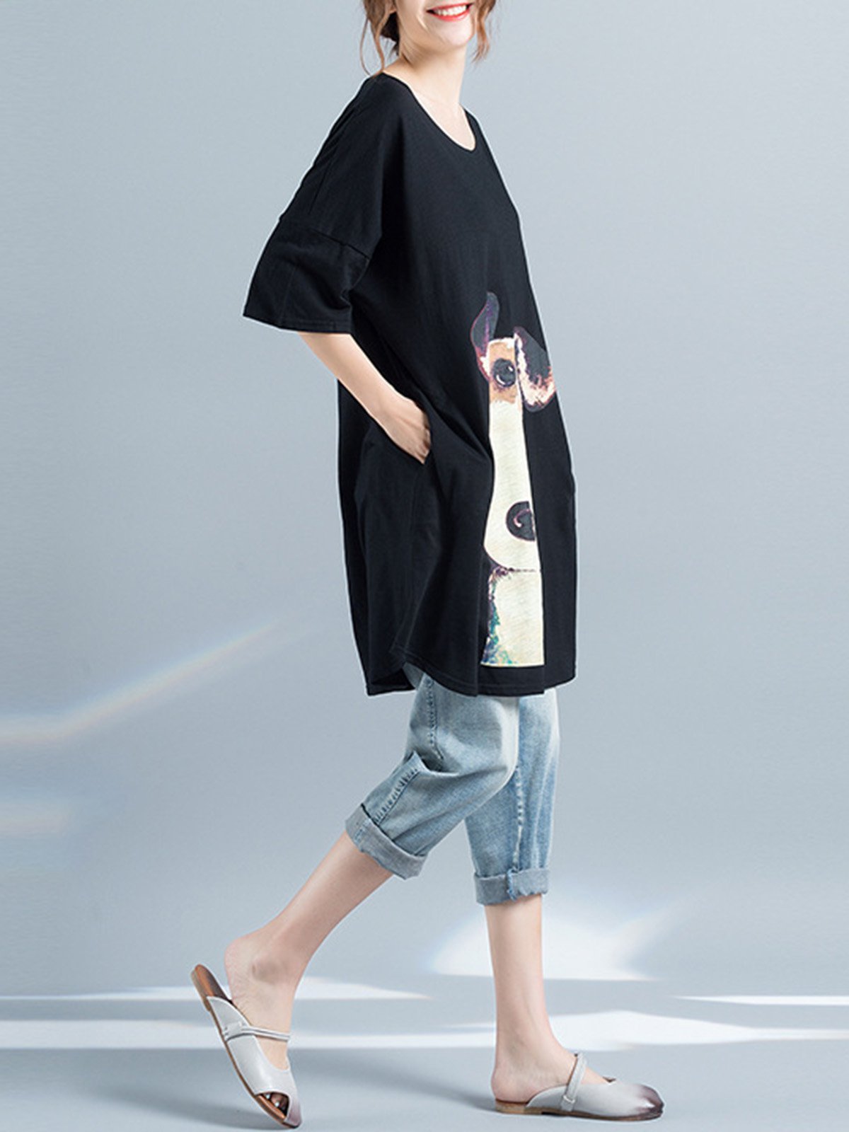 Casual Half Sleeve Round Neck Plus Size Tops