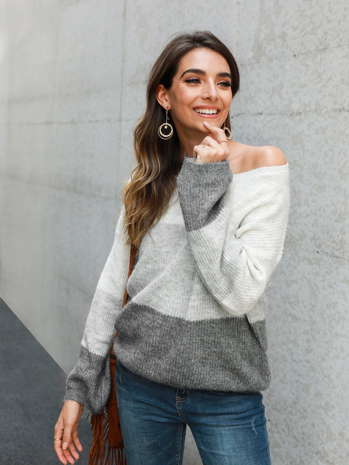 Gray White Ombre/tie-Dye Color-Block Casual Sweaters