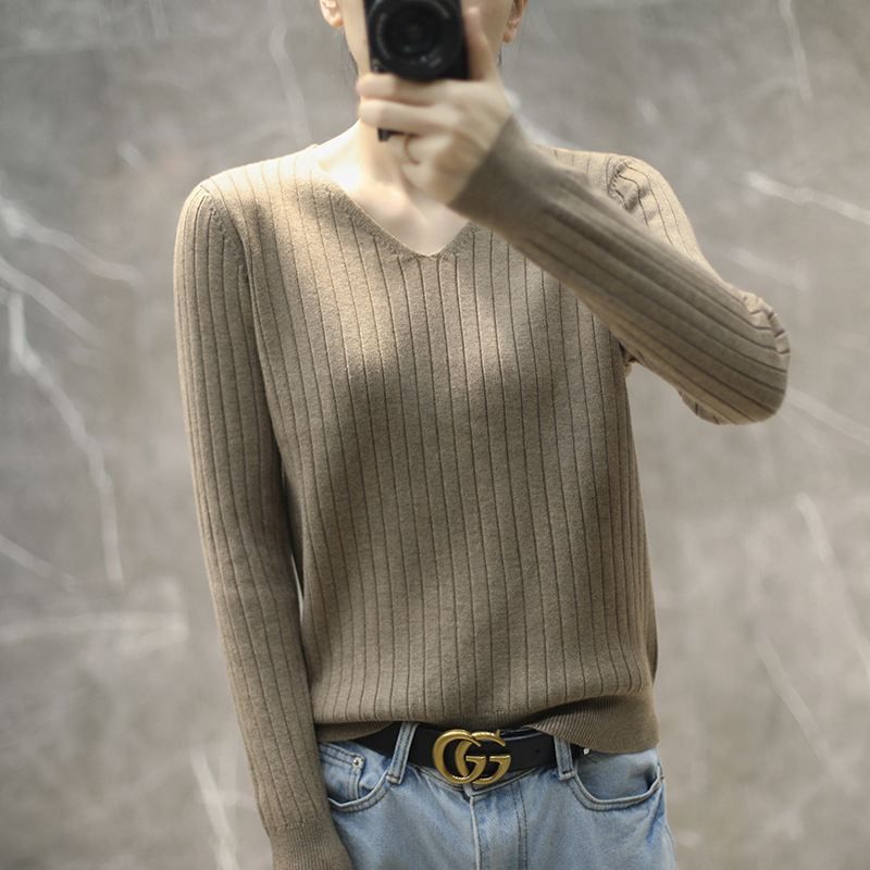 针织衫新款2020潮品女装纯色修身长袖打底衫套头毛衣V领针织女装