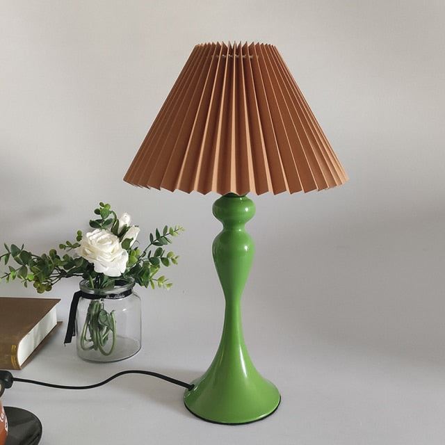 Bedside Lamps Japan Style Green Table Lamps with White Brown Pleated Fabric Shade