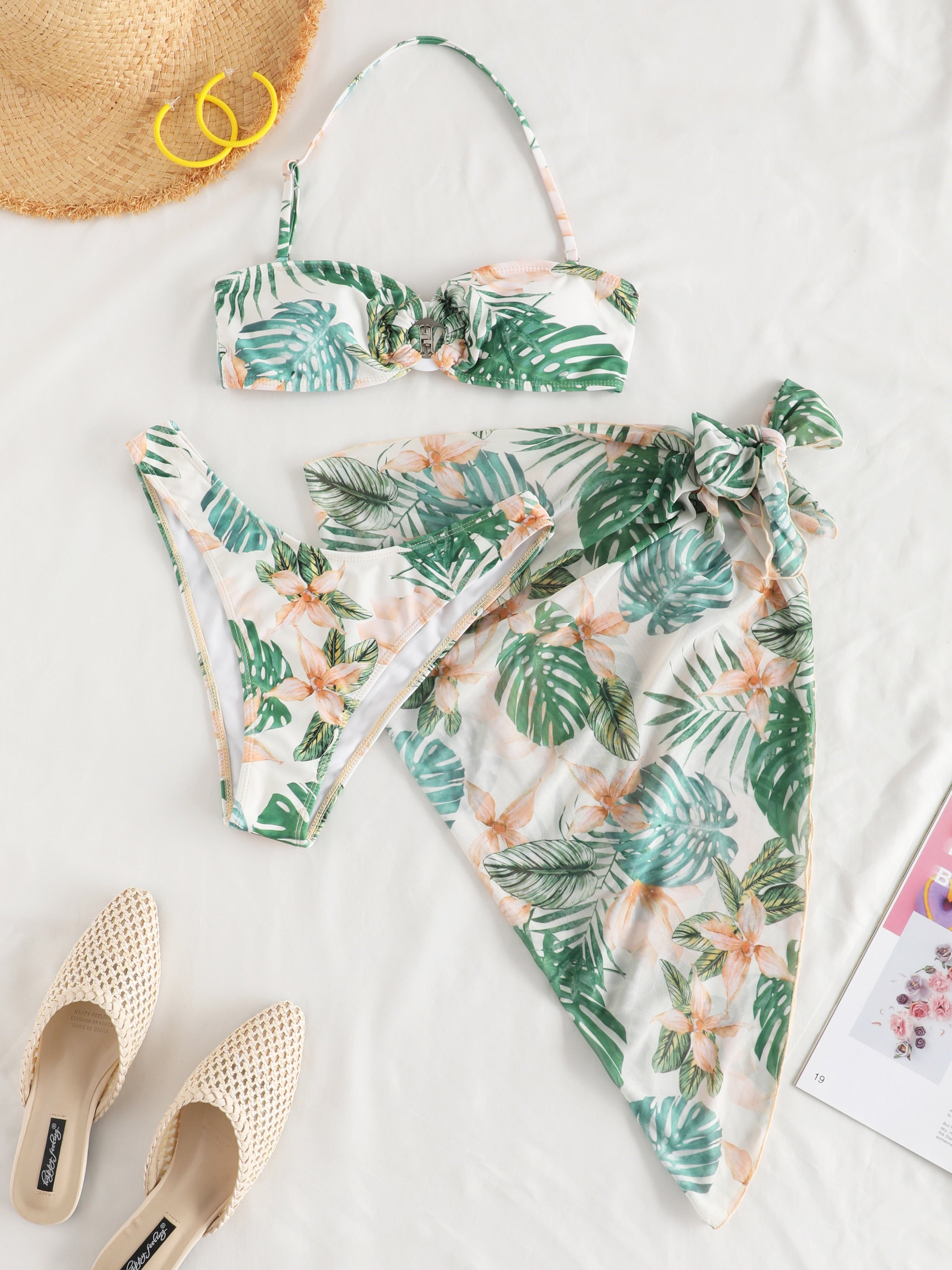 Leaf & Floral Print Three-Piece Chiffon Bikini