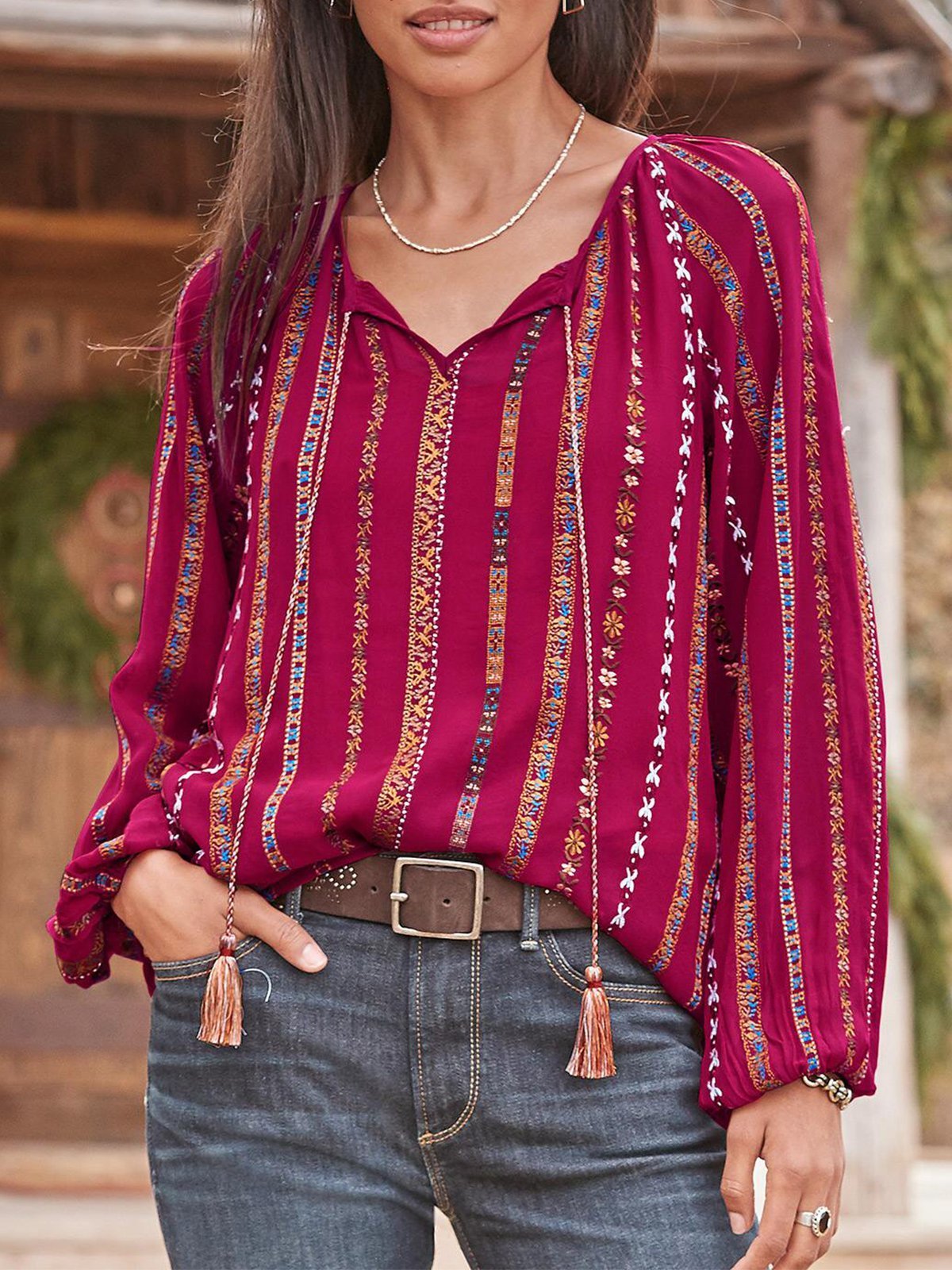 Printed V Neck Geometric Long Sleeve Shirts & Tops