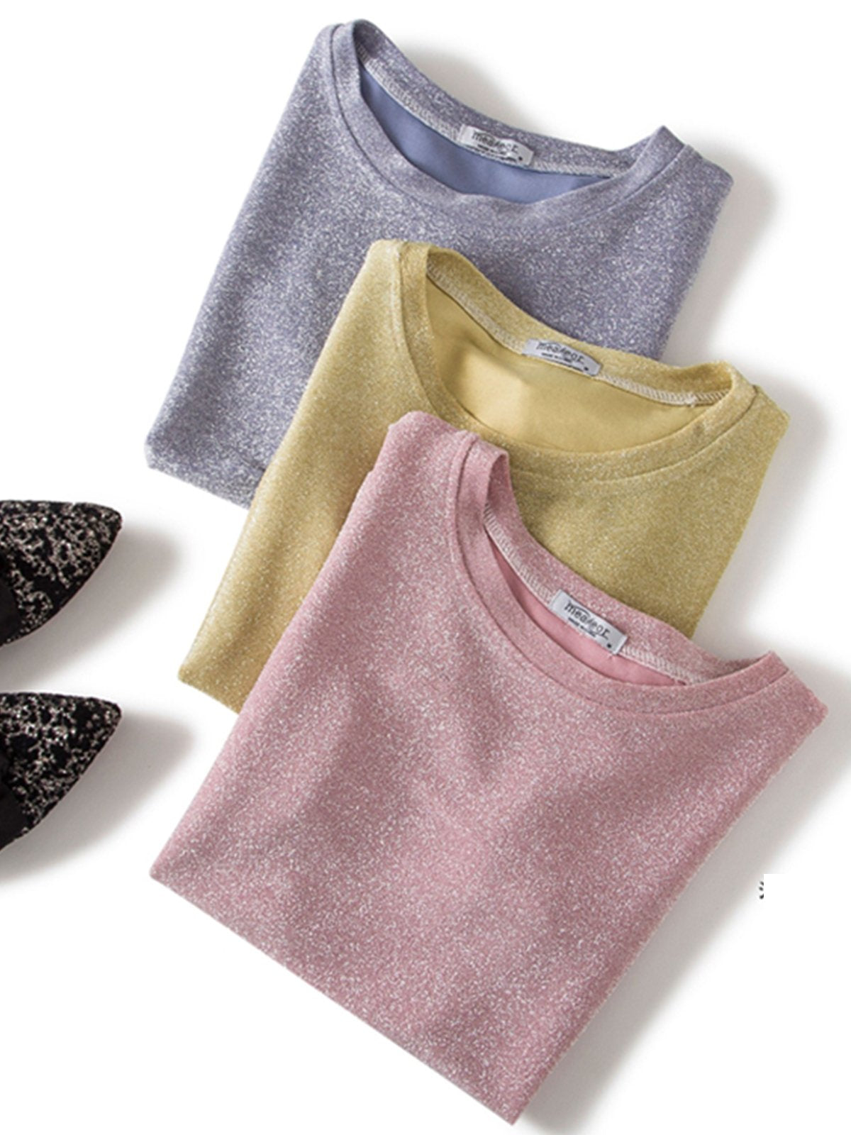 Plus Size Women Short Sleeve Round Neck Vintage Sequin Solid Casual Tops