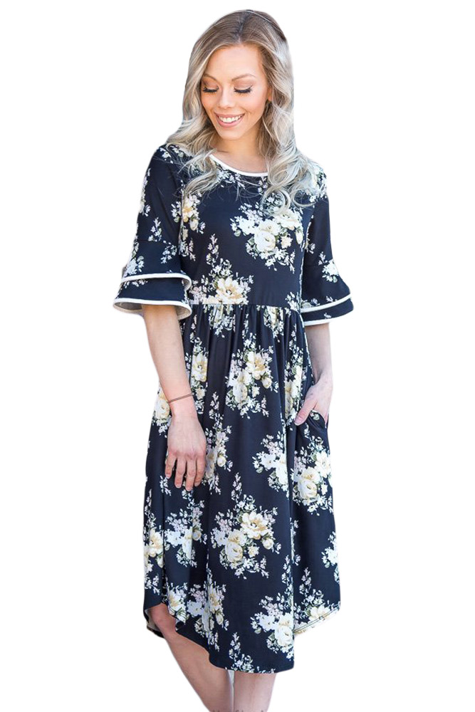 Navy Floral Print Layered Bell Sleeve Dress