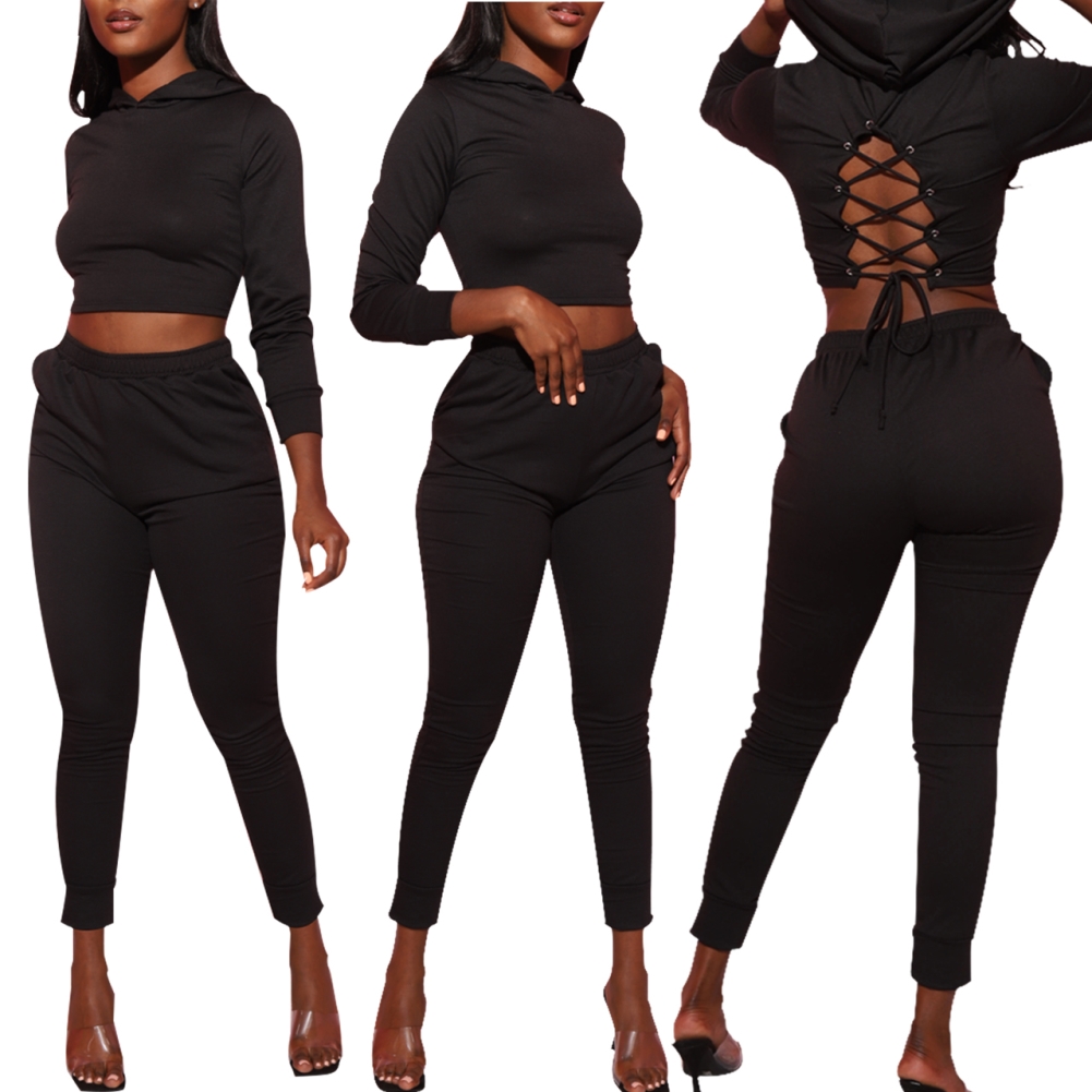 Autumn Sexy Lace Up Hoodie Crop Top and Pants Set