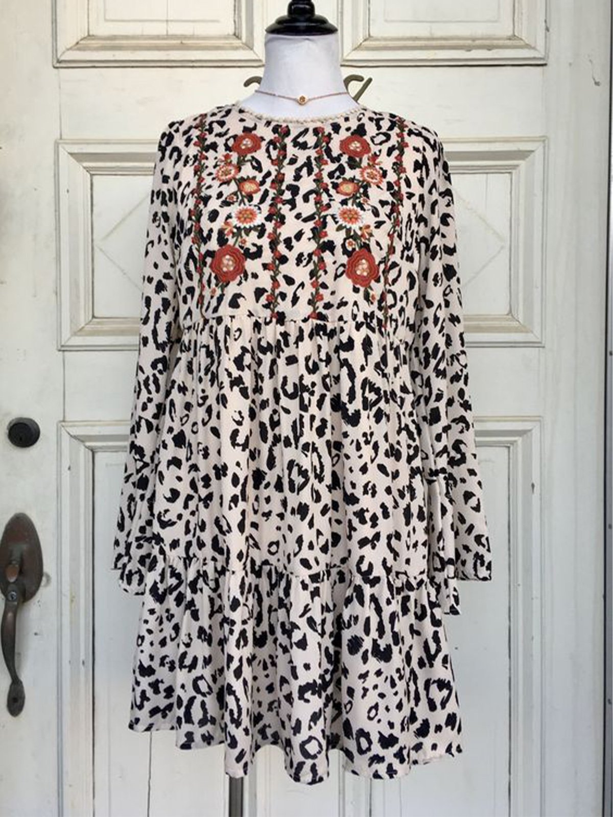 Boho Casual Leopard Crew Neck Dresses
