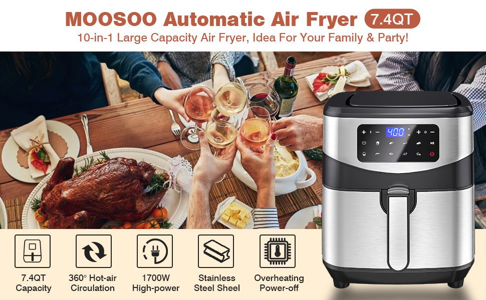 Air Fryer 7.4 QT XL Capacity, 10-in-1 Electric Air Fryers Oven, 1700W Stainless Steel Airfryer with Digital Screen