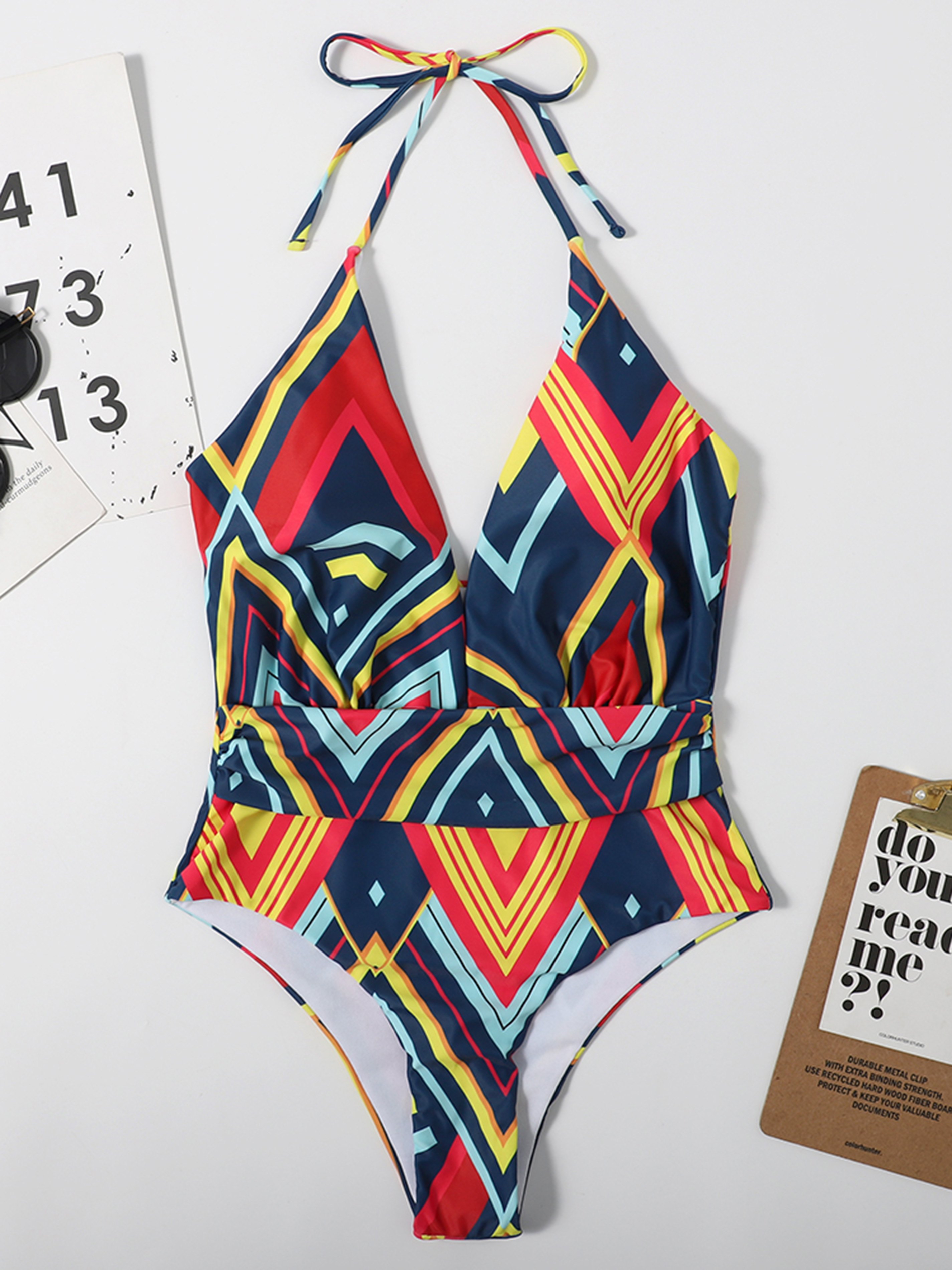 Geometric Pattern Halter Collar One-Piece Swimsuit