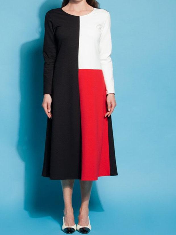 Casual Round Neck Long Sleeve Patchwork Dresses