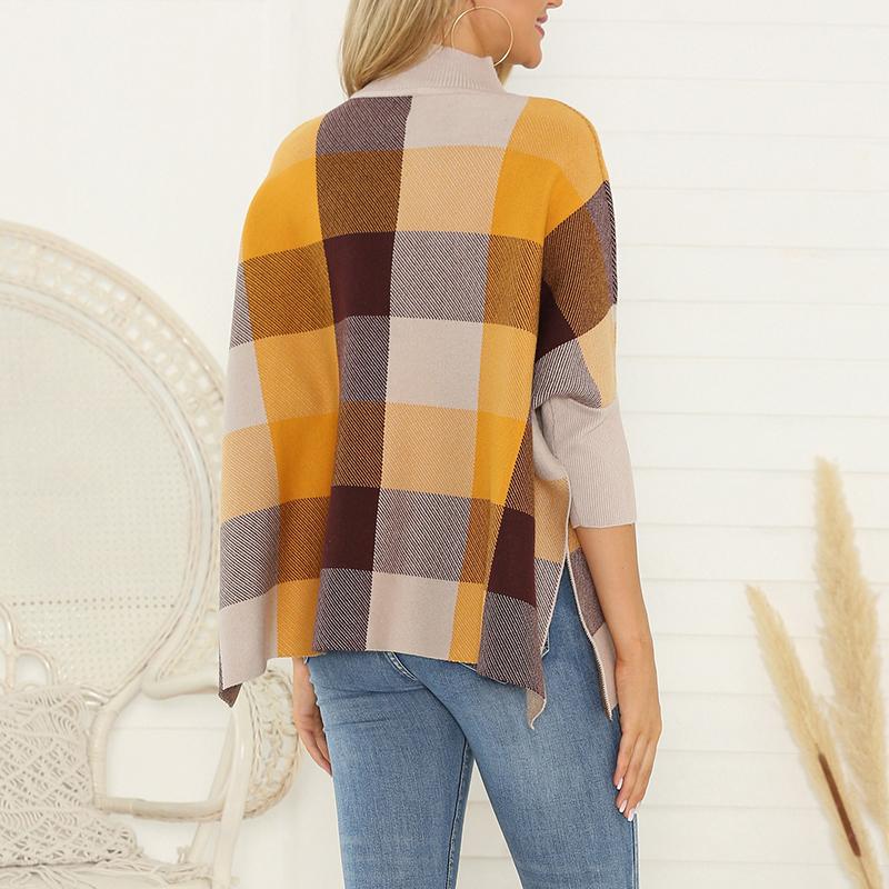 European And American Style High Collar Bracelet Sleeve Splicing Plaid Sweater