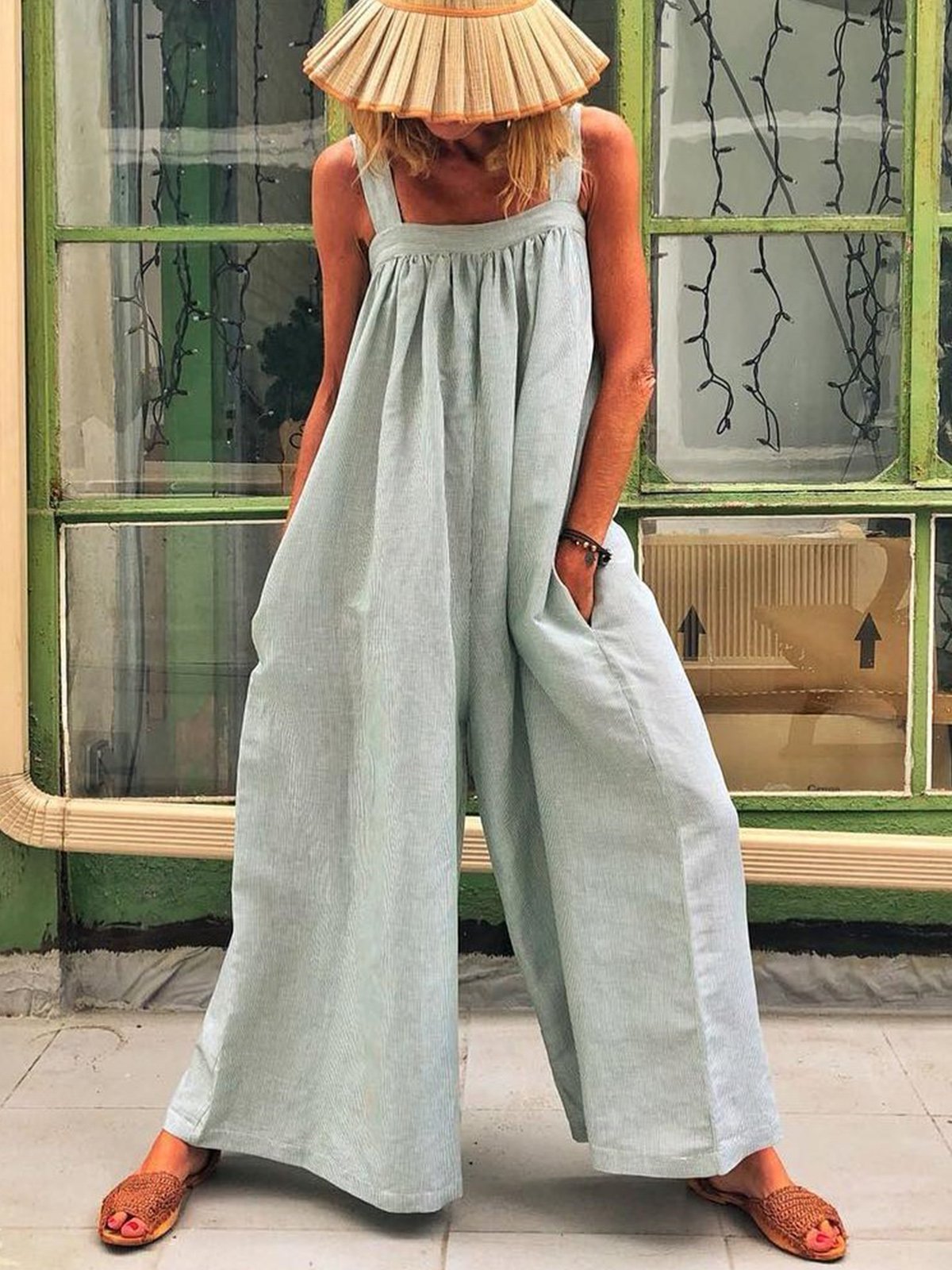 Solid Sleeveless Spaghettie Jumpsuit Wide Leg Pants