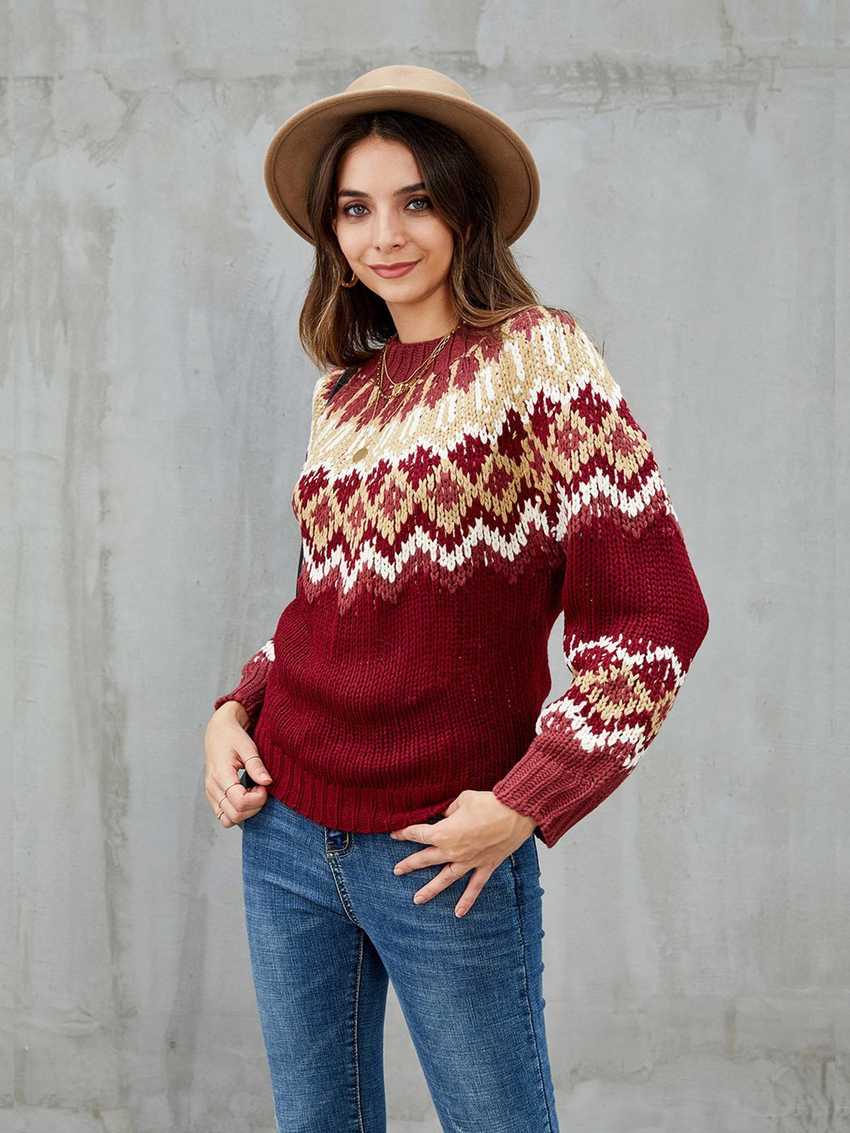 Burgundy Casual Tribal Knitted Acrylic Sweaters