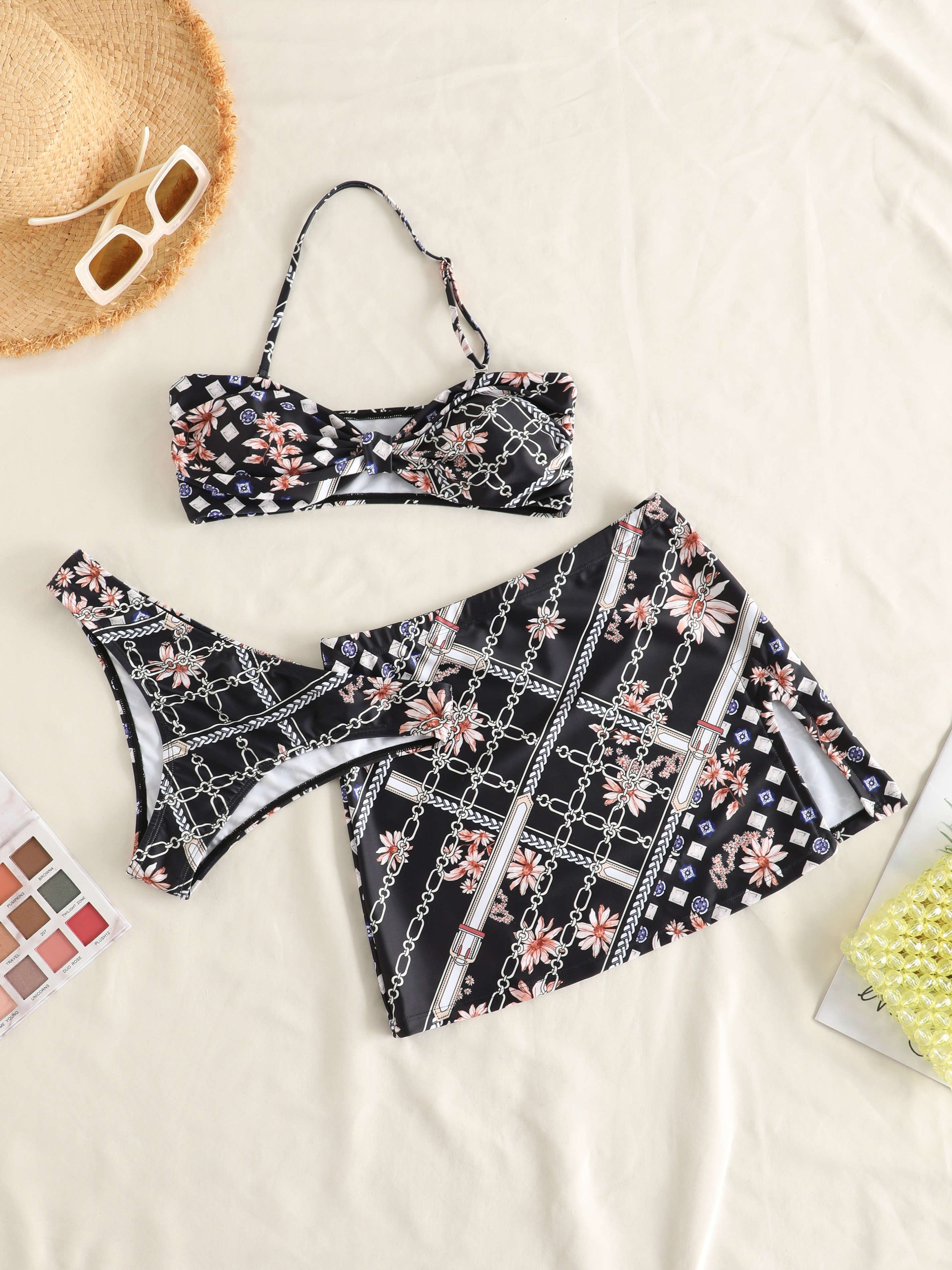 Chain Floral Print Halter Three-Piece Bikini
