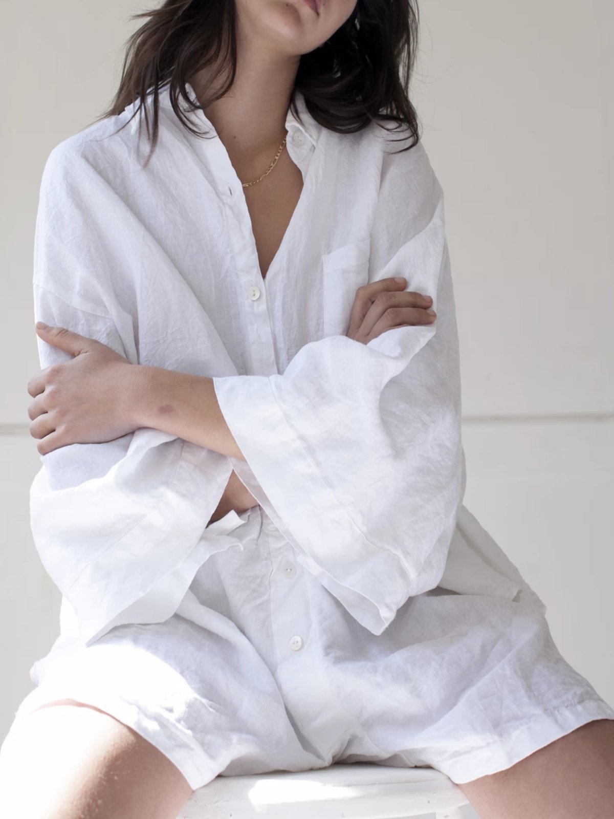 White Solid Shirt Collar Cotton Casual One-Pieces