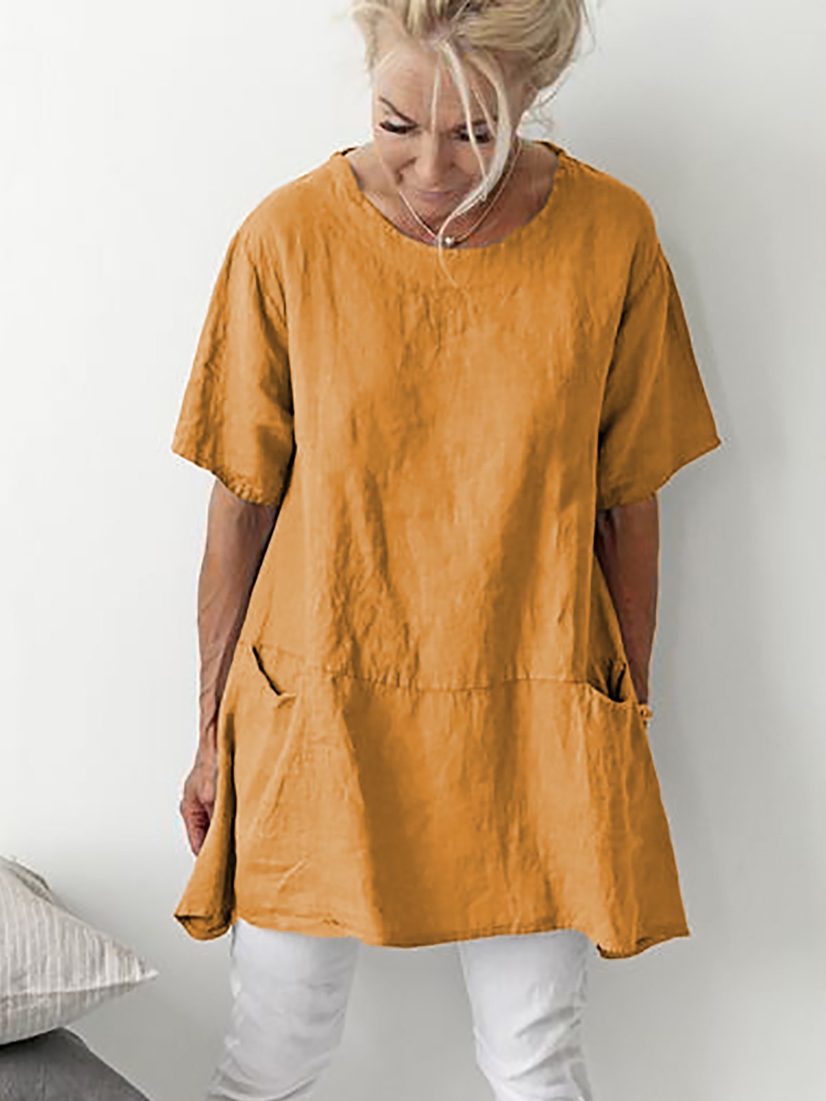 Short Sleeve Crew Neck Pockets Shirts Daily Plus Size Tops