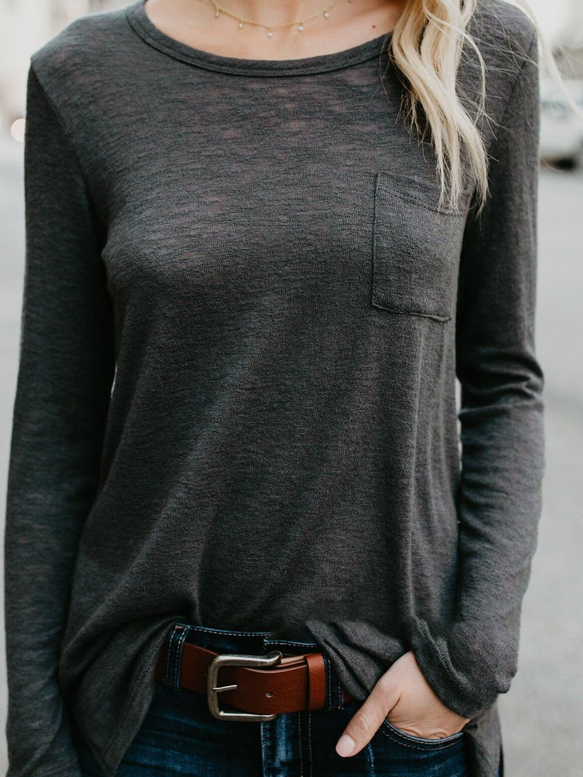 Cotton Crew Neck Solid Long Sleeve T-Shirt