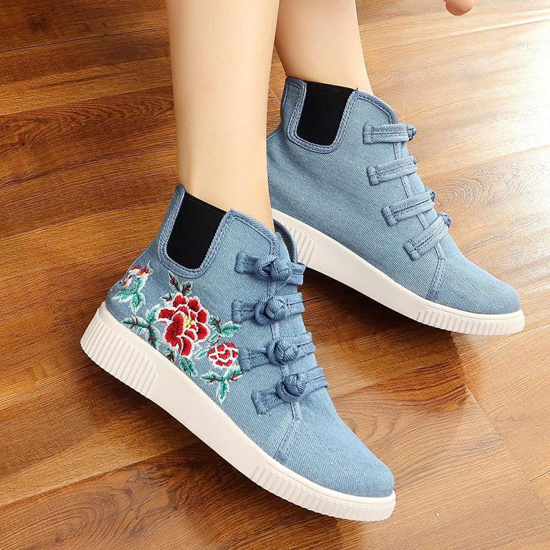 Light Blue Winter Buckle Canvas Flat Heel Embroidery Boots