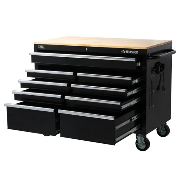 46 IN. W X 24 IN. D 9-DRAWER GLOSS BLACK DEEP TOOL CHEST MOBILE WORKBENCH WITH HARDWOOD TOP