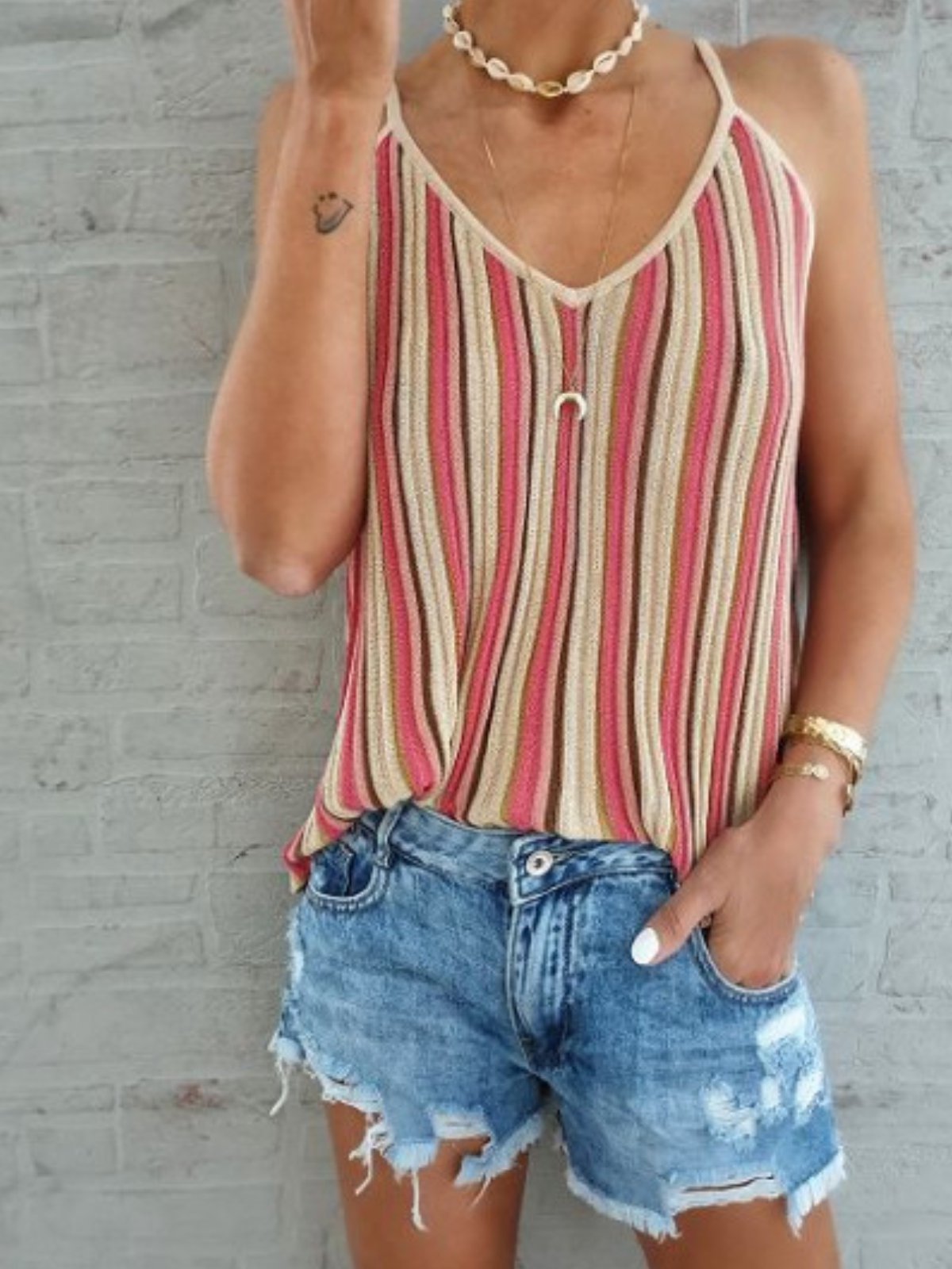 Casual Striped Sleeveless V Neck Shirts