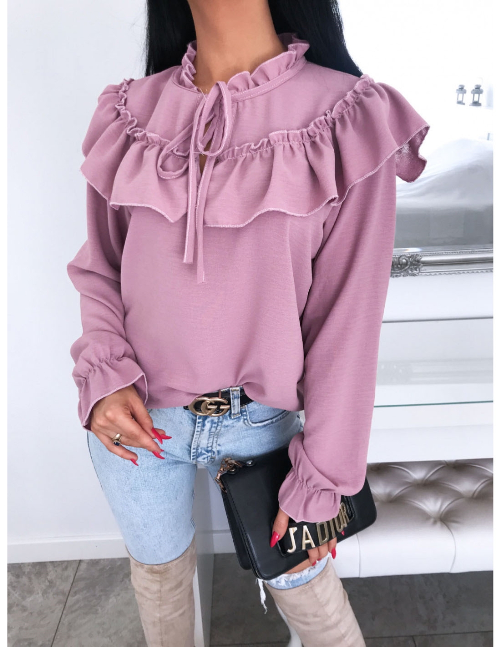 Solid Color Ruffles Vintage Blouse with Sleeves