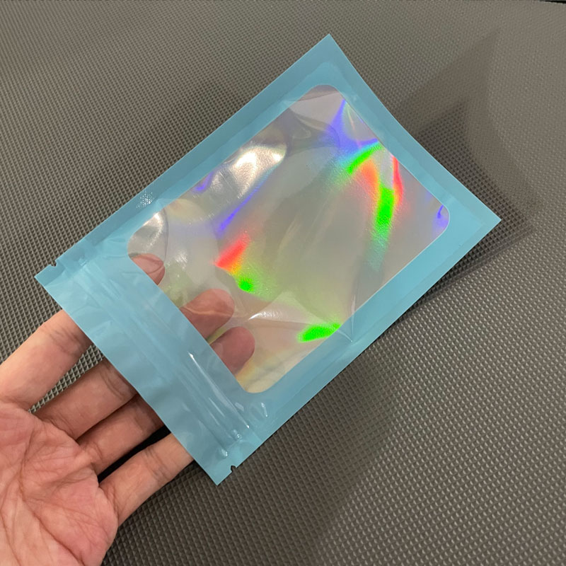 Laser Rainbow plastic zipper bag makeup brush holographic Packing bags clear Mylar pouch Holographic Packaging Bag