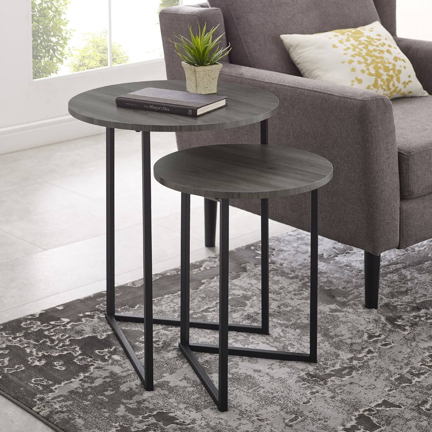 Walker Edison 2 Piece V Leg Nesting Side Tables Dark Walnut Black