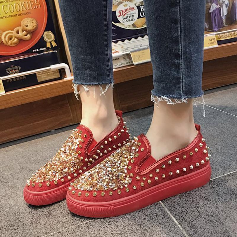Red PU Spring/Fall Rhinestone Loafers