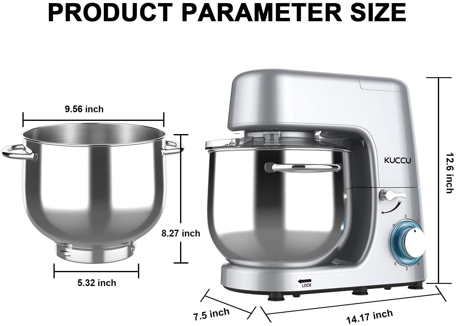 Kuccu Stand Mixer, 8.5 Qt 660W, 6-Speed Tilt-Head Food Dough Mixer,8.5-QT / Silver