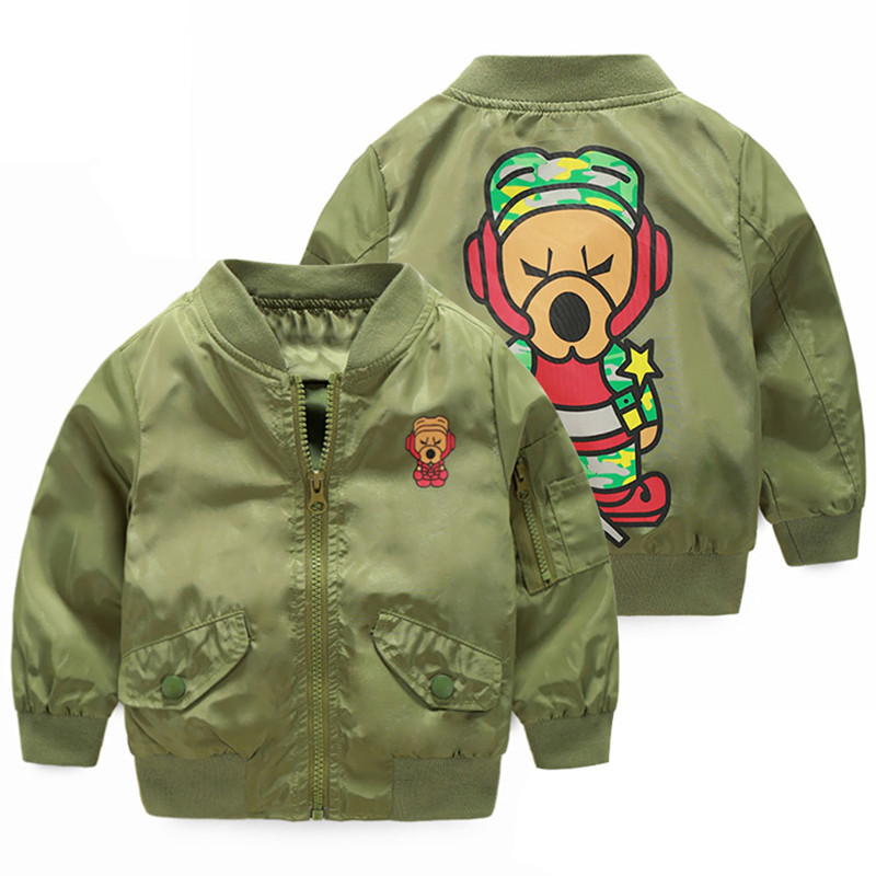 2-9Age Mudkingdom New Spring Boys Jackets Kids Casual Army Green Bomber Jacket Trendy Cartoon Print Outwear Children Sport Coat