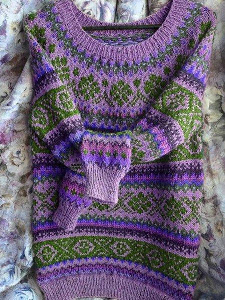 Color-Block Tribal Crew Neck Long Sleeve Women's Sweaters