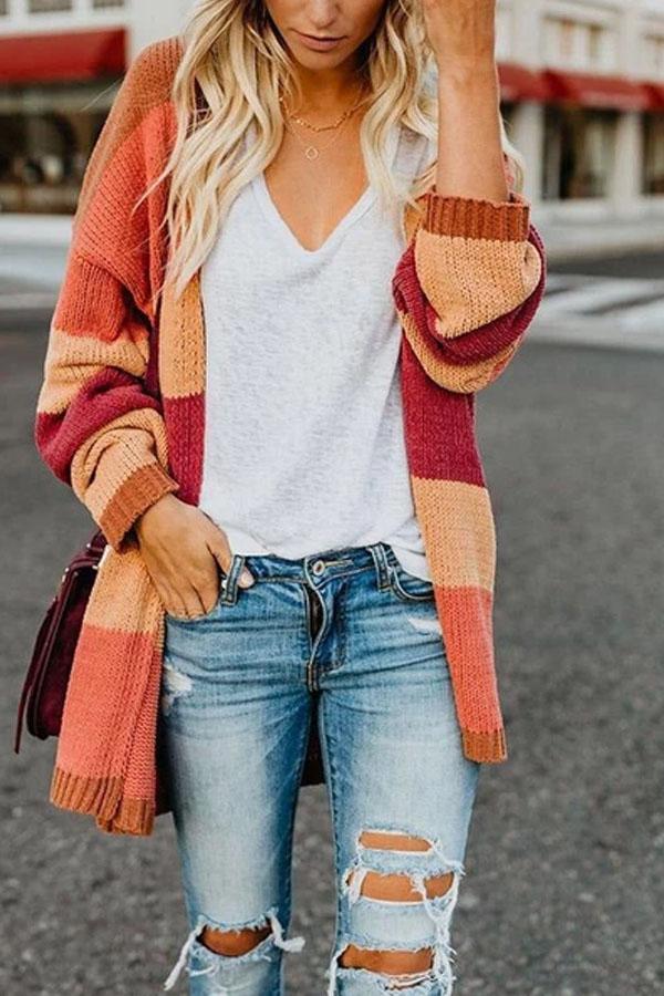 Fashion Color Block Long Sleeve Stripes Cardigans