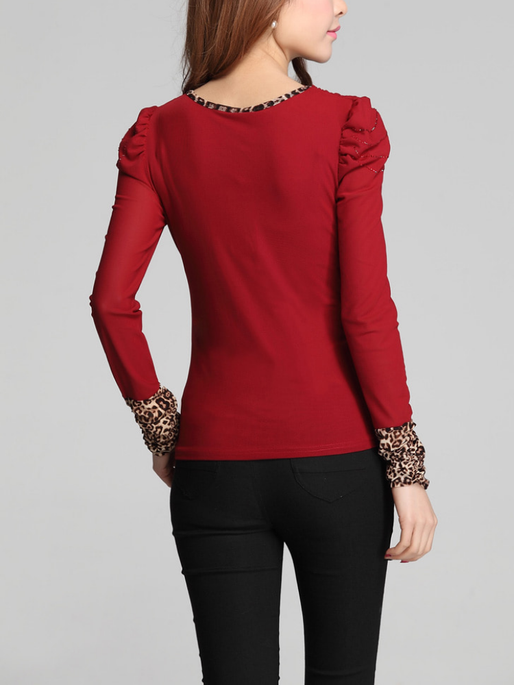 Vintage Long Sleeve Acrylic Leopard Print Blouse & Shirts