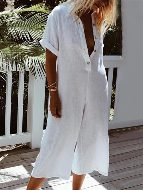Button Down Collar  Single Breasted  Plain  Short Sleeve Jumpsuit