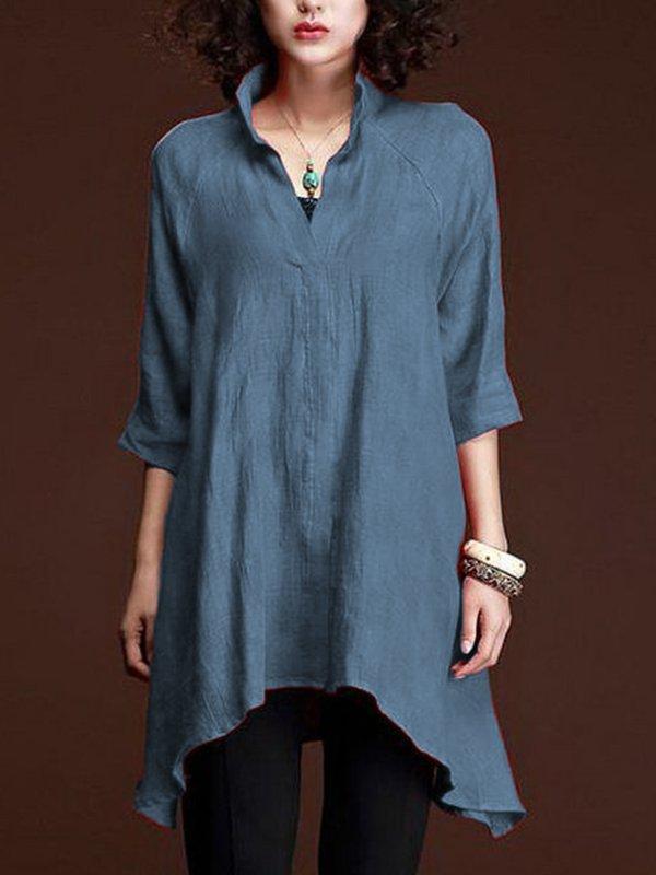 Casual 3/4 Sleeve V Neck Solid Plus Size Tops