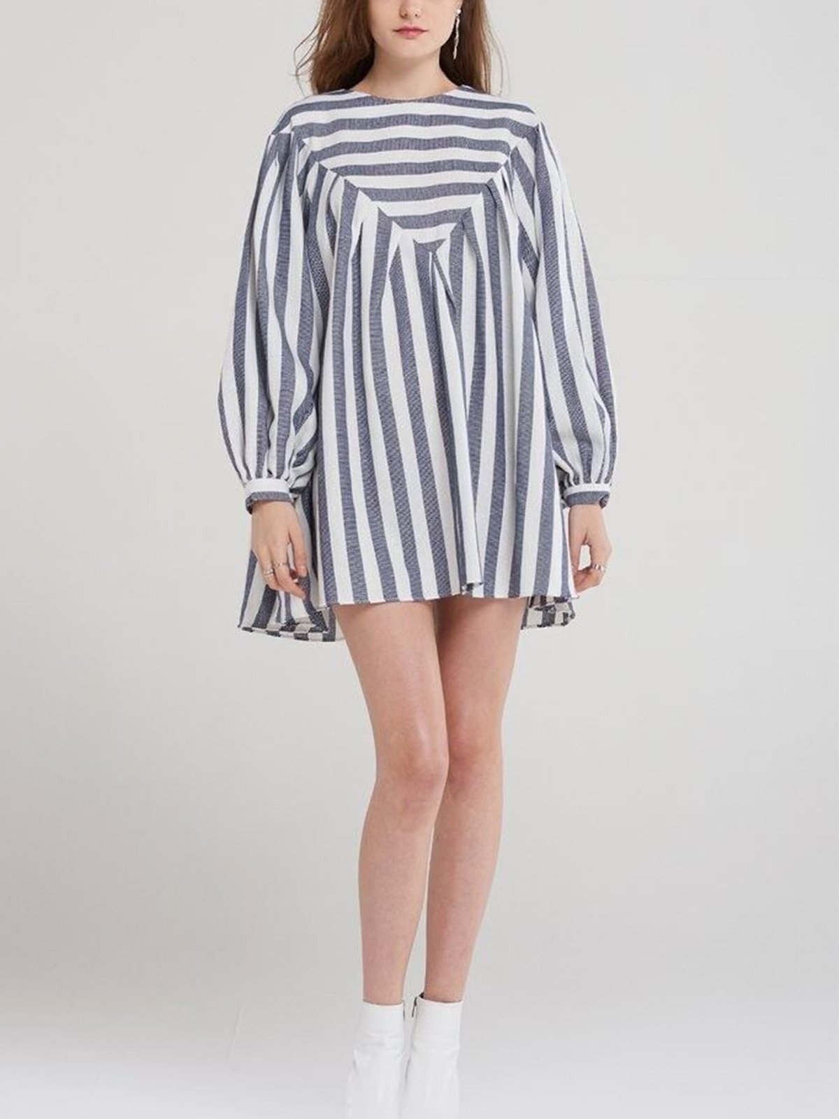 Striped Balloon Sleeve Boho Round Neck Casual Dresses