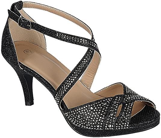Toe Crisscross Ankle Strappy Glitter Crystal Rhinestone Mid Heel Sandal
