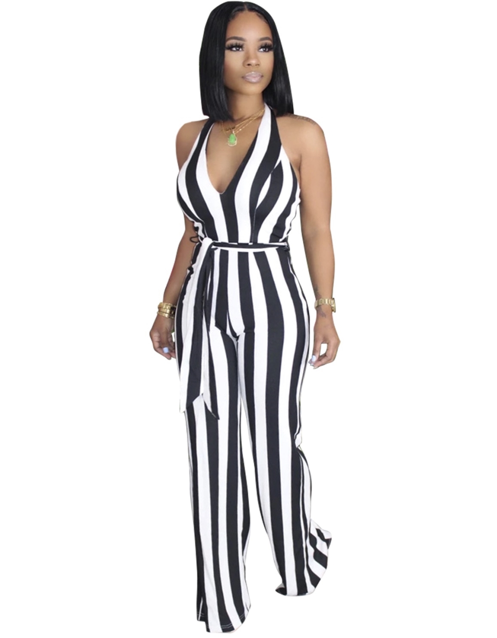 Summer Wide Striped Halter Jumpsuit with Belt