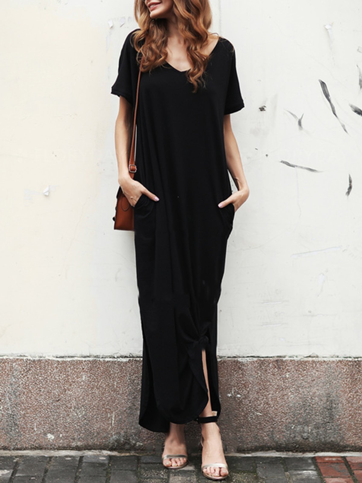 Casual Solid Slit Short Sleeve Crew Neck Maxi Dress