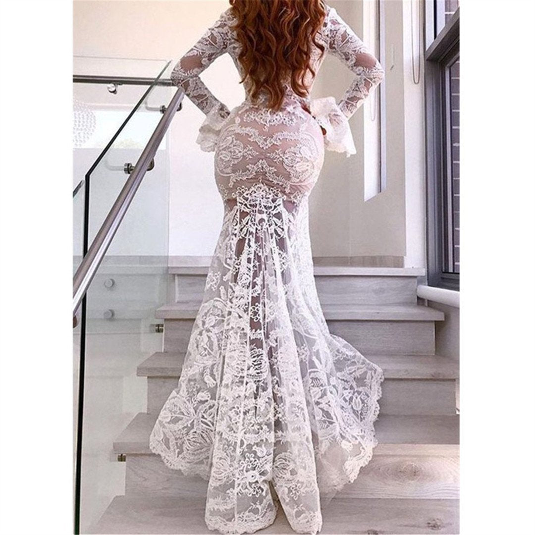 Sexy Deep V Lace Open Forked Fishtail Dress