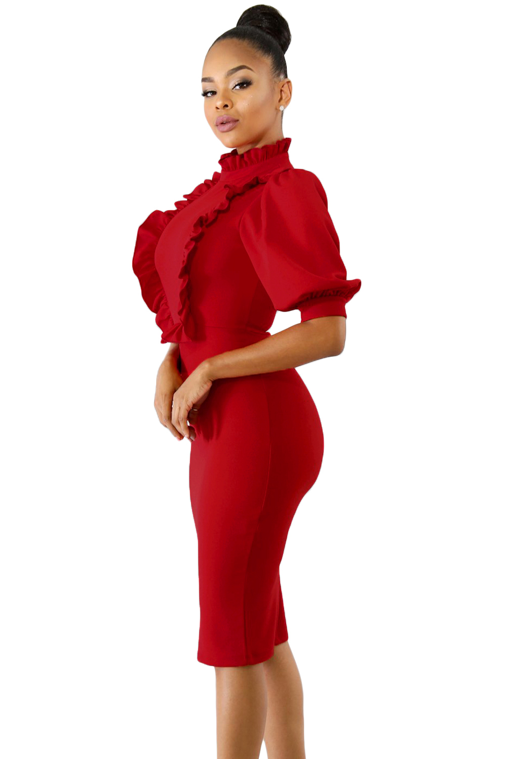 Red Ruffle High Neck Lantern Sleeve Dress